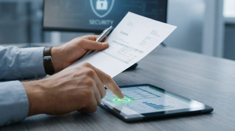 Hands meticulously cross-referencing a white invoice with digital financial data on a tablet, featuring a green checkmark and security icon.