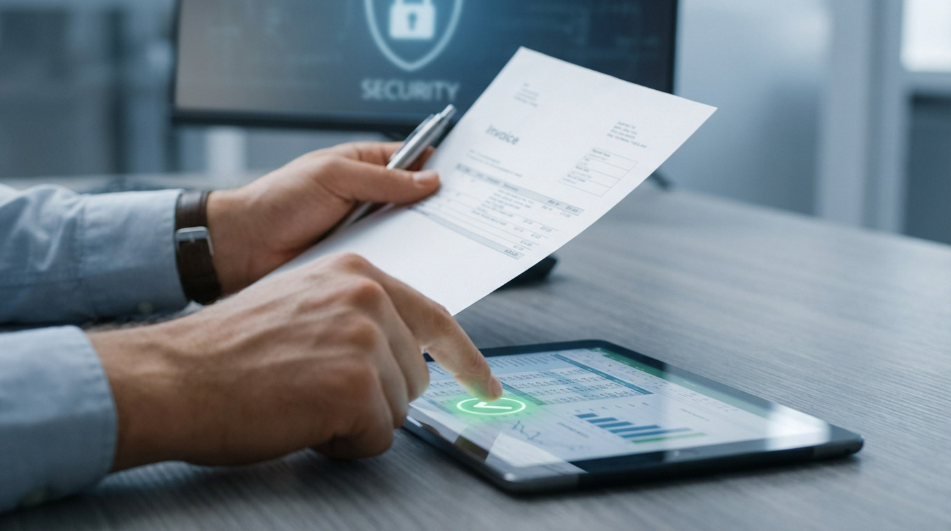Hands meticulously cross-referencing a white invoice with digital financial data on a tablet, featuring a green checkmark and security icon.