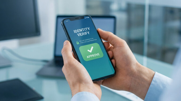 Close-up of hands holding a smartphone displaying an 'Identity Verify' app with a prominent 'Approve' button and secure connection message.
