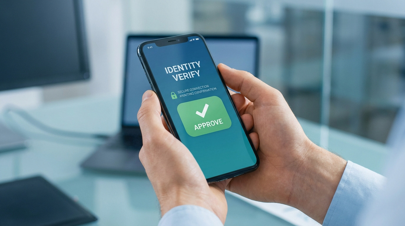 Close-up of hands holding a smartphone displaying an 'Identity Verify' app with a prominent 'Approve' button and secure connection message.
