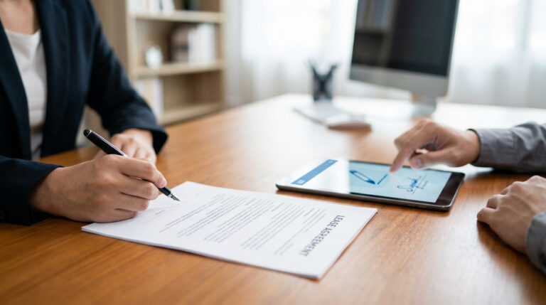 Deux personnes signent un contrat de bail : l'une sur papier, l'autre numériquement sur tablette, illustrant la coexistence des méthodes.