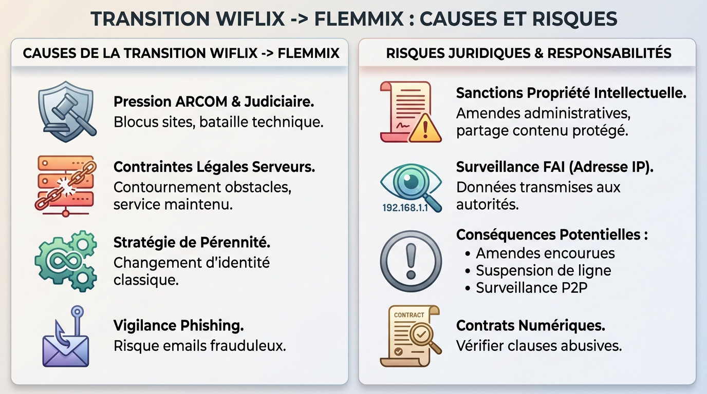 Schéma explicatif des causes techniques et risques juridiques de la transition Wiflix vers Flemmix