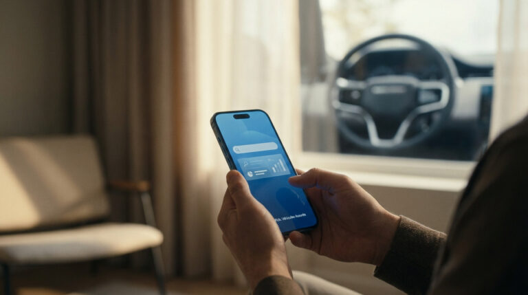 Mains tenant un smartphone affichant l'interface FVA d'assurance auto. Volant de voiture flou en arrière-plan.
