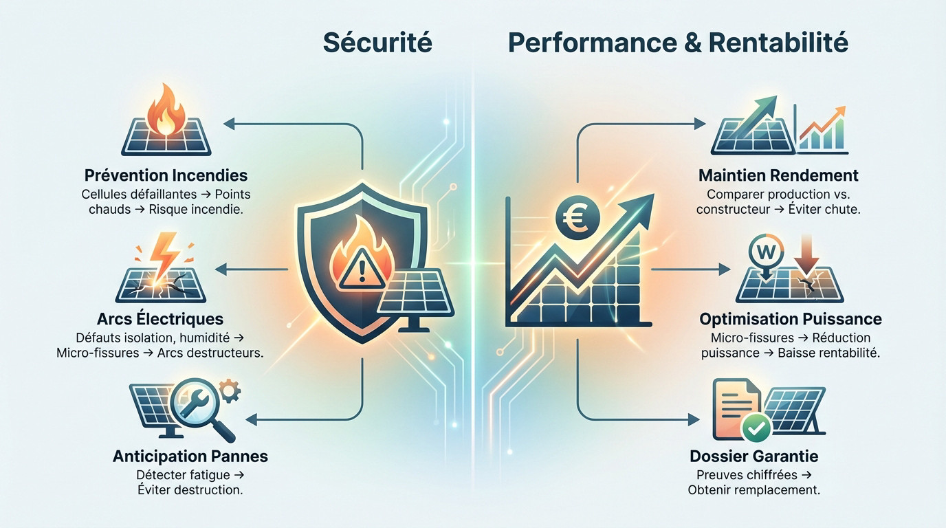 Technicien effectuant une vérification de sécurité et de performance sur des panneaux solaires