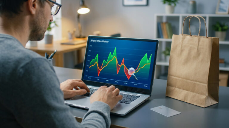 Un homme examine un graphique d'historique de prix sur un ordinateur portable, avec un sac de courses et une carte de crédit à côté, pour le Black Friday.