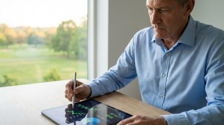 Homme mûr en chemise bleue analysant des graphiques financiers sur une tablette avec un stylet, vue sur un parc verdoyant.