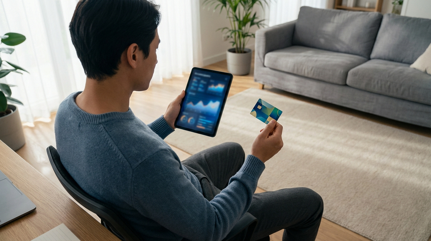 Un homme consulte une tablette affichant des graphiques tout en tenant une carte bancaire ou cadeau, dans un salon moderne.