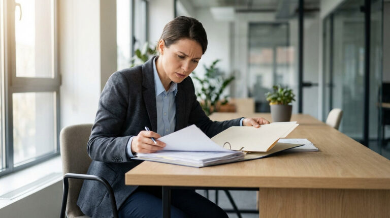 Une femme professionnelle concentrée examine des documents dans un classeur, un stylo à la main, assise à un bureau lumineux.
