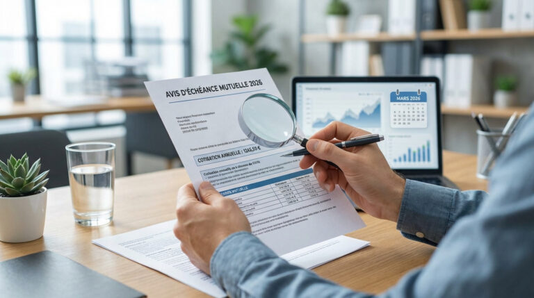 Une personne examine un avis d'échéance mutuelle 2026 à la loupe, un ordinateur portable affiche un calendrier mars 2026 et des graphiques financiers.