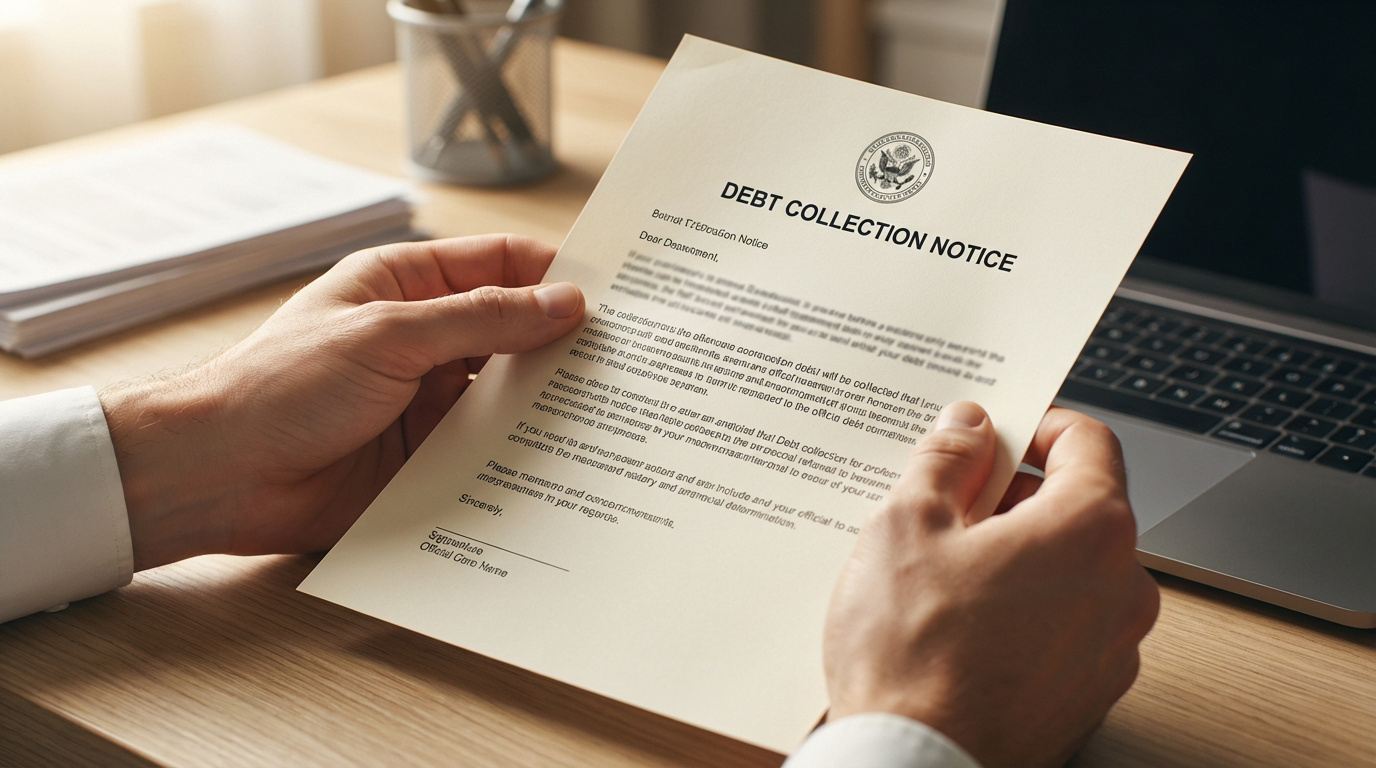 Mains lisant un avis de recouvrement de dette sur un bureau avec un ordinateur portable. Souligne l'importance de la vérification.