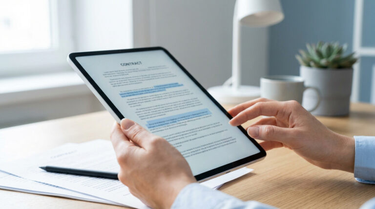 Gros plan sur des mains tenant une tablette affichant un contrat numérique. Des clauses importantes sont surlignées.