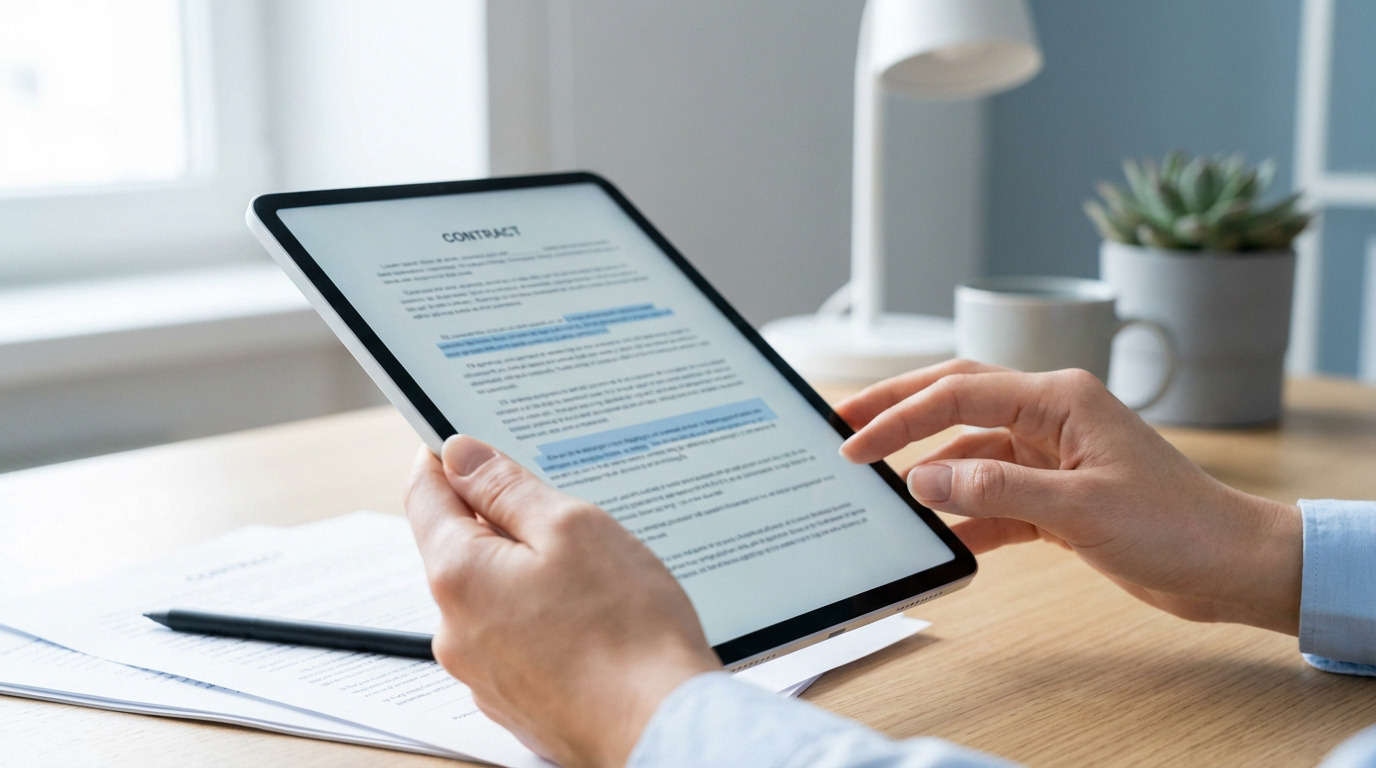 Gros plan sur des mains tenant une tablette affichant un contrat numérique. Des clauses importantes sont surlignées.