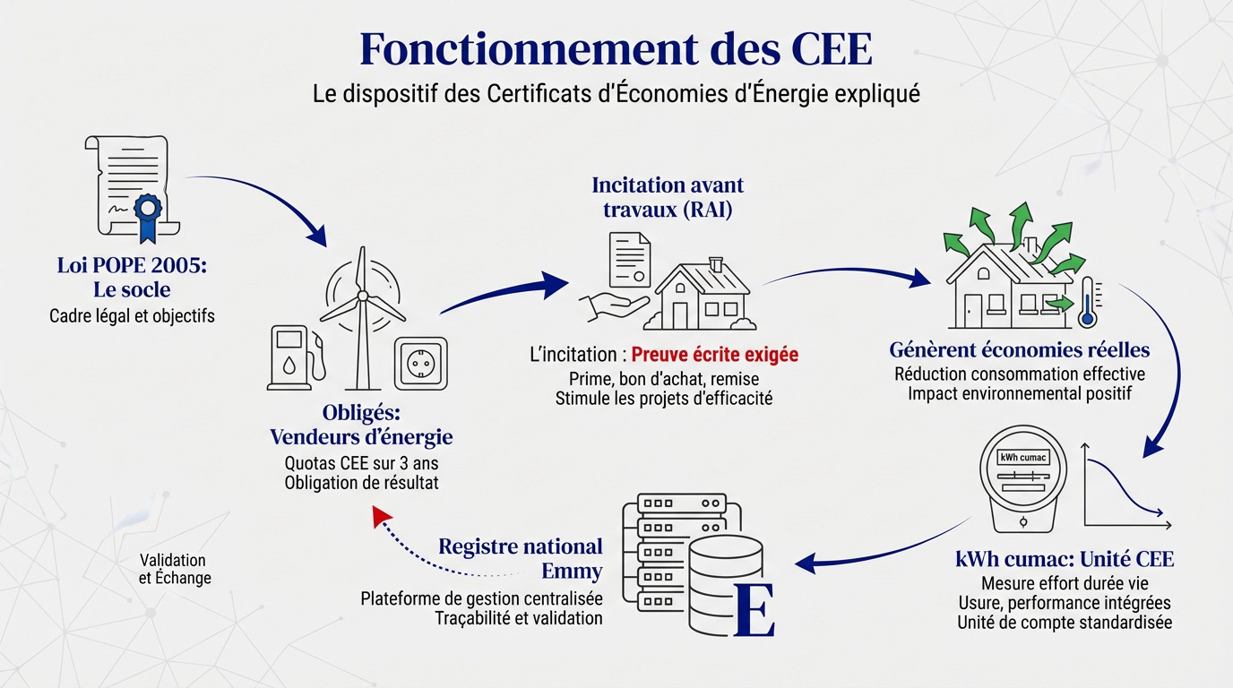 Schéma explicatif du fonctionnement des certificats d'économies d'énergie CEE