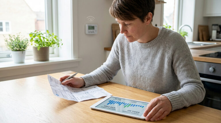 Femme examine une facture d'électricité et des graphiques de consommation sur une tablette. Un compteur kVA est visible.