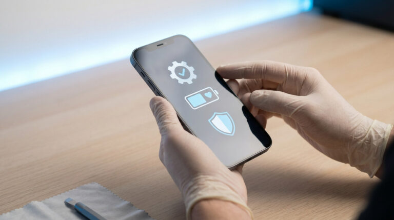 Mains gantées tenant un smartphone. L'écran affiche des icônes de diagnostic : engrenage, batterie avec cœur, bouclier. Vérification de la fiabilité.