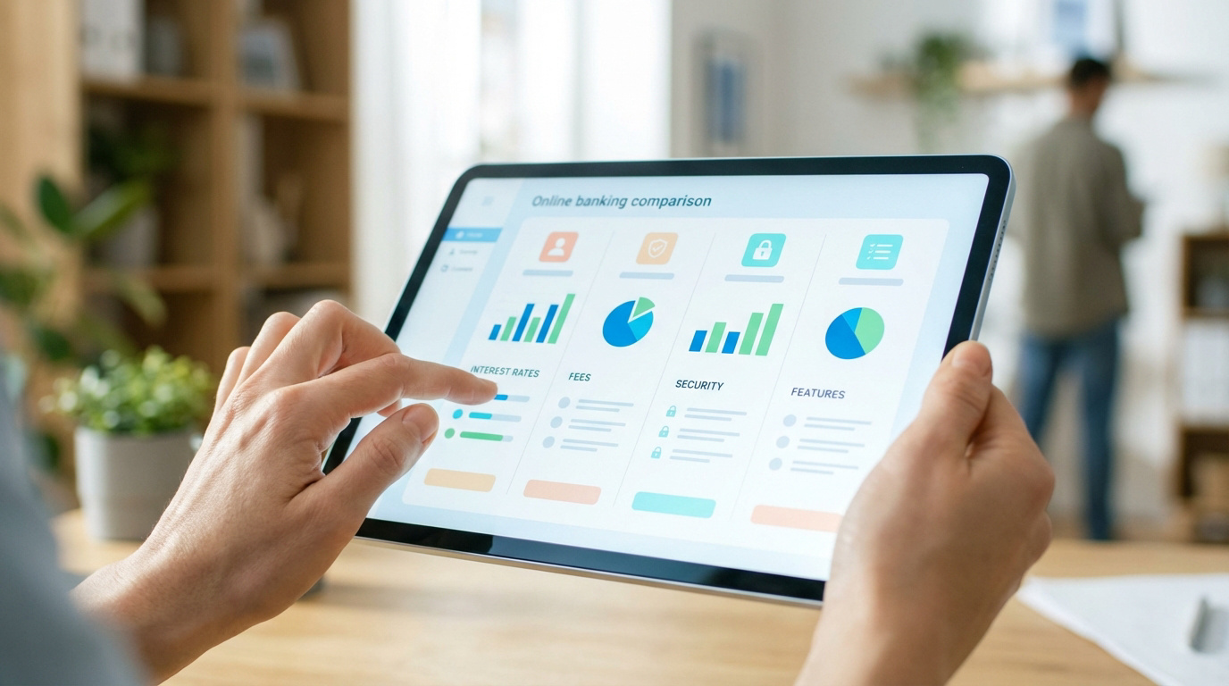 Mains manipulant une tablette affichant un comparatif de banques en ligne avec des graphiques sur les taux, frais et sécurité.