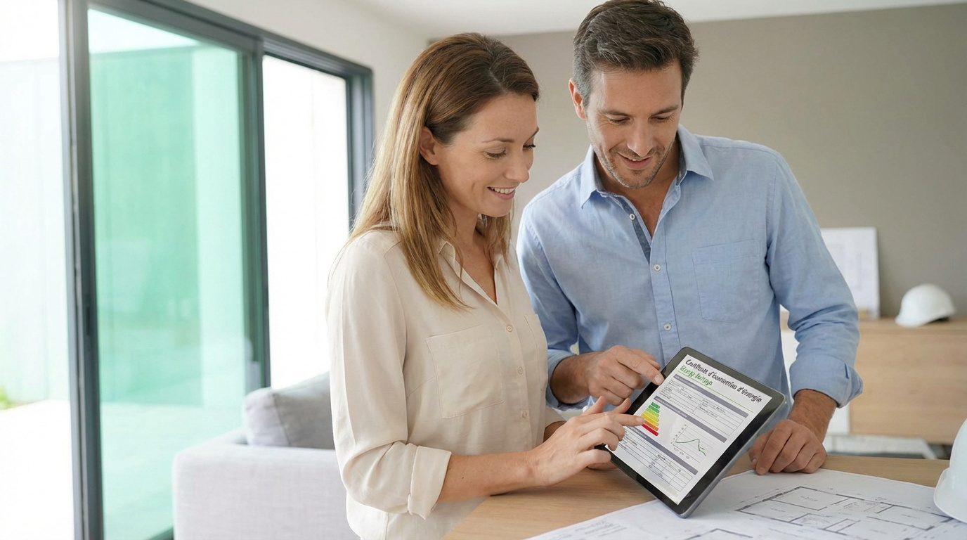 Un couple souriant examine un certificat d'économie d'énergie sur tablette, avec des plans de construction et un casque sur la table.