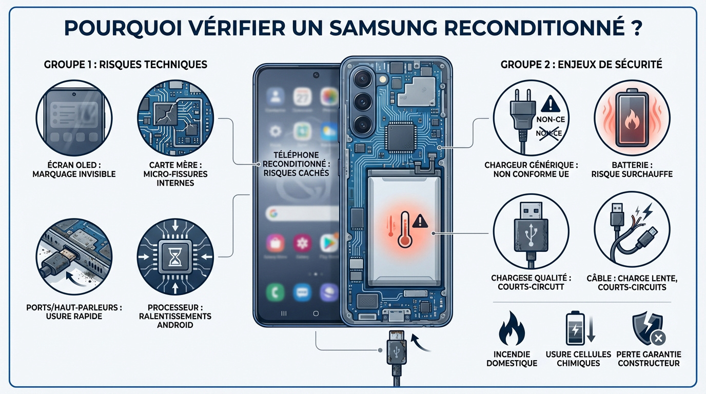 Contrôle technique de la conformité d'un smartphone Samsung reconditionné.