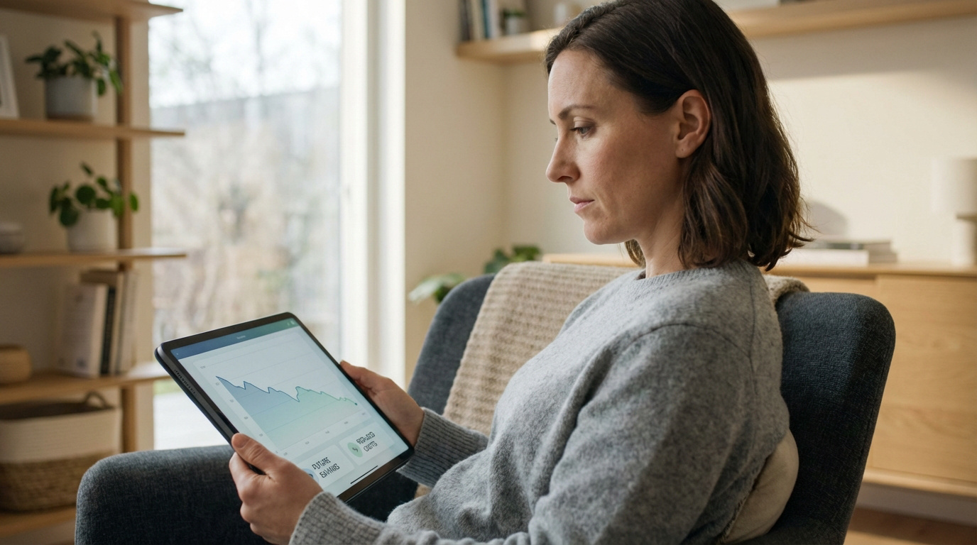 Femme en pull gris assise dans un fauteuil, regardant attentivement des graphiques financiers sur une tablette, dans un salon lumineux.