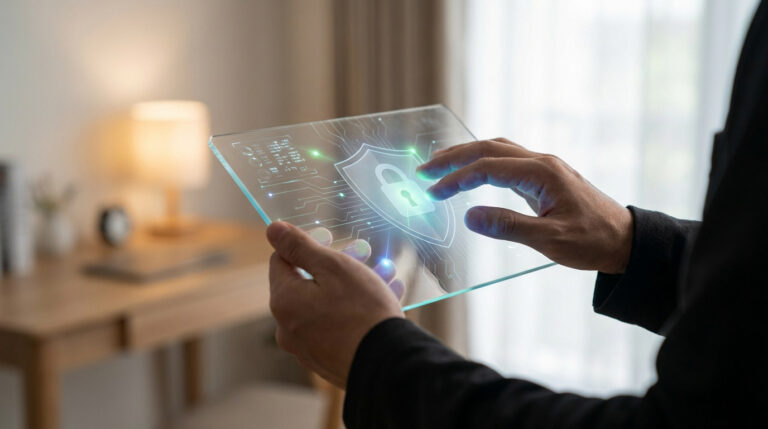Mains interagissant avec une tablette transparente affichant un bouclier de sécurité et un cadenas lumineux, symbolisant la protection des données personnelles.