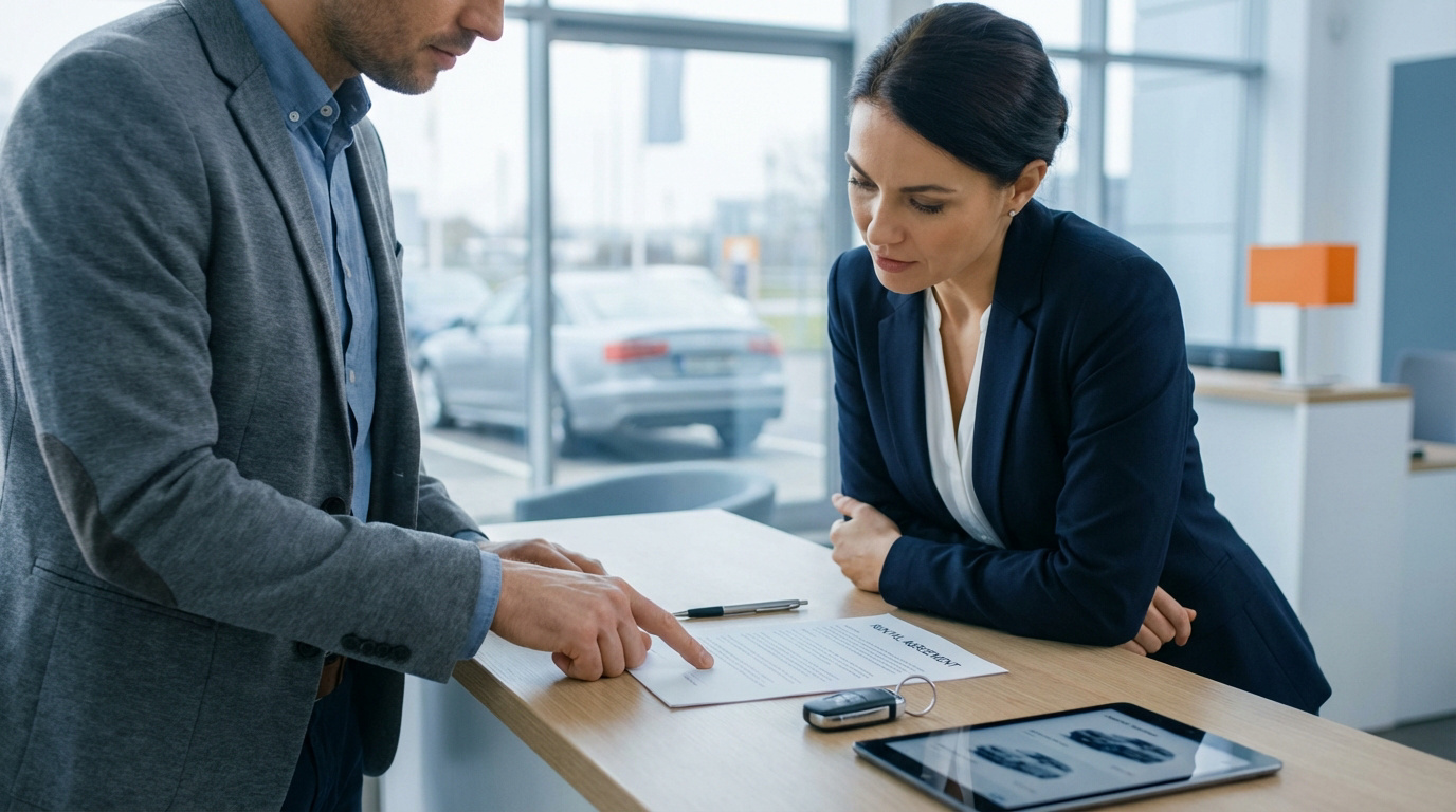 Un homme pointe un contrat de location de voiture à une femme attentive. Clés de voiture et tablette sur le comptoir.