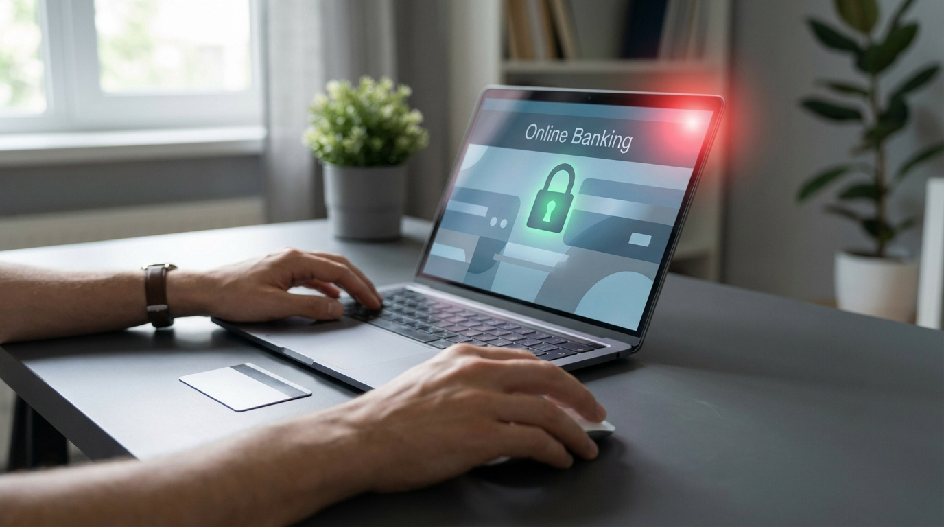 Mains tapant sur un laptop avec l'écran "Online Banking" et un cadenas vert. Une alerte rouge suggère un risque, près d'une carte bancaire.