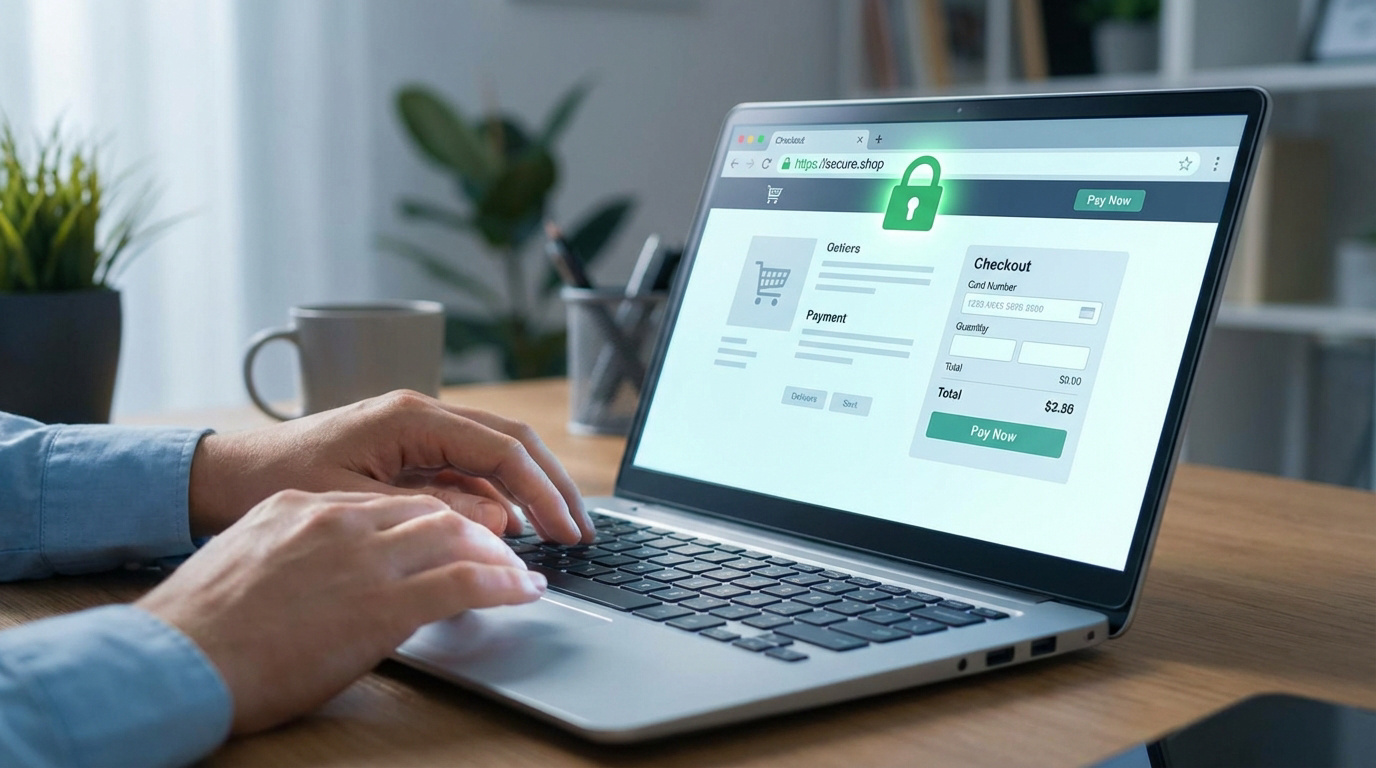 Mains tapant sur un ordinateur portable affichant une page de paiement en ligne sécurisée avec un cadenas vert et l'URL HTTPS.