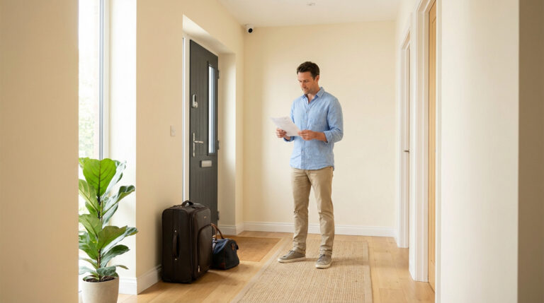 Un homme lit des documents près de sa porte d'entrée, avec des bagages et une caméra de sécurité au plafond.