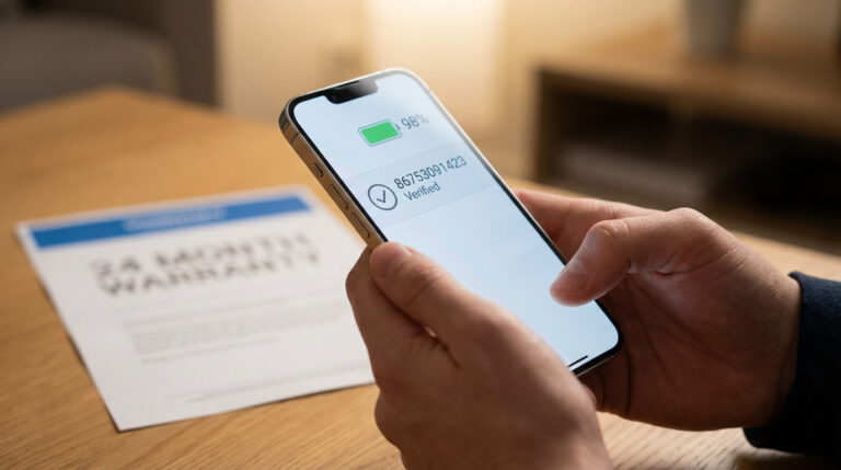Des mains tiennent un iPhone affichant une vérification d'IMEI et 98% de batterie, avec une garantie en arrière-plan.