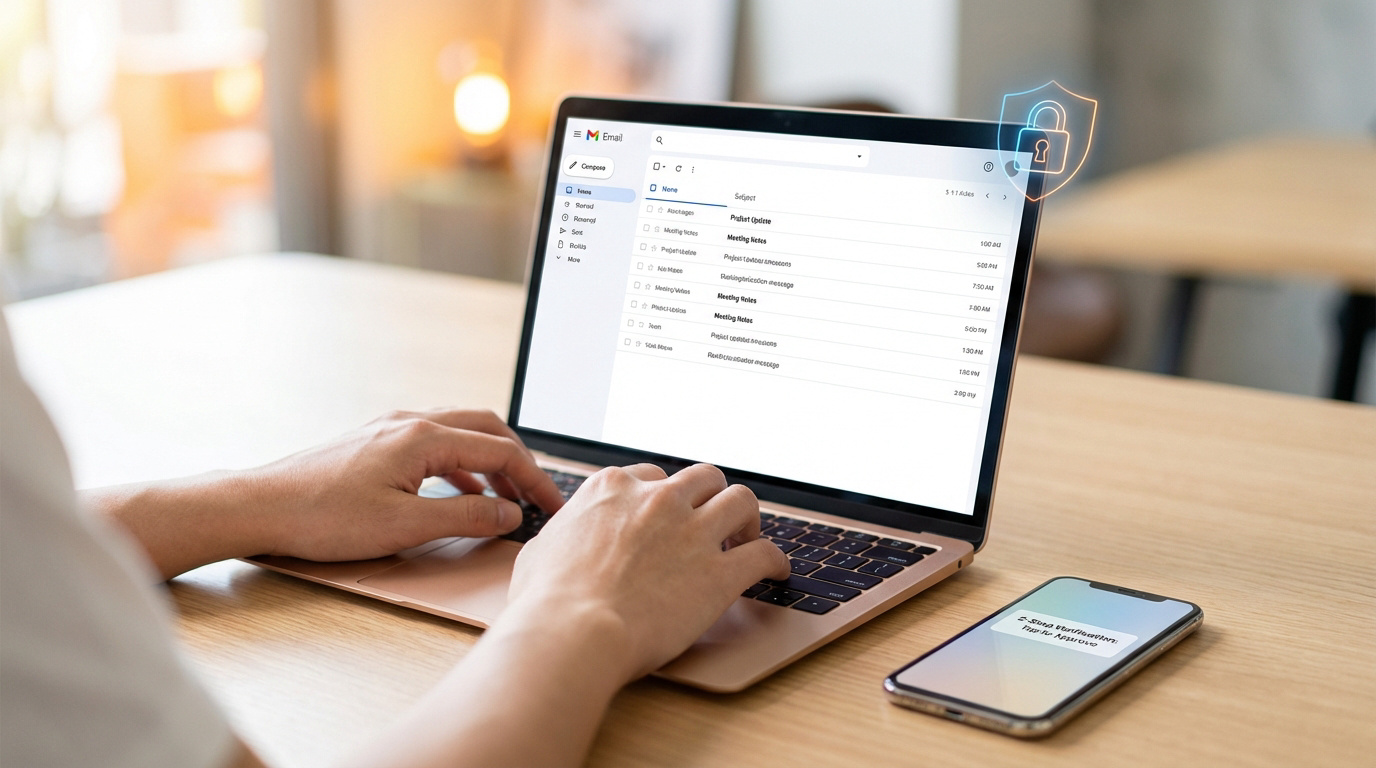 Mains tapant sur un laptop avec écran d'e-mails et icône de cadenas. Un smartphone affiche une vérification en 2 étapes pour sécuriser l'accès.